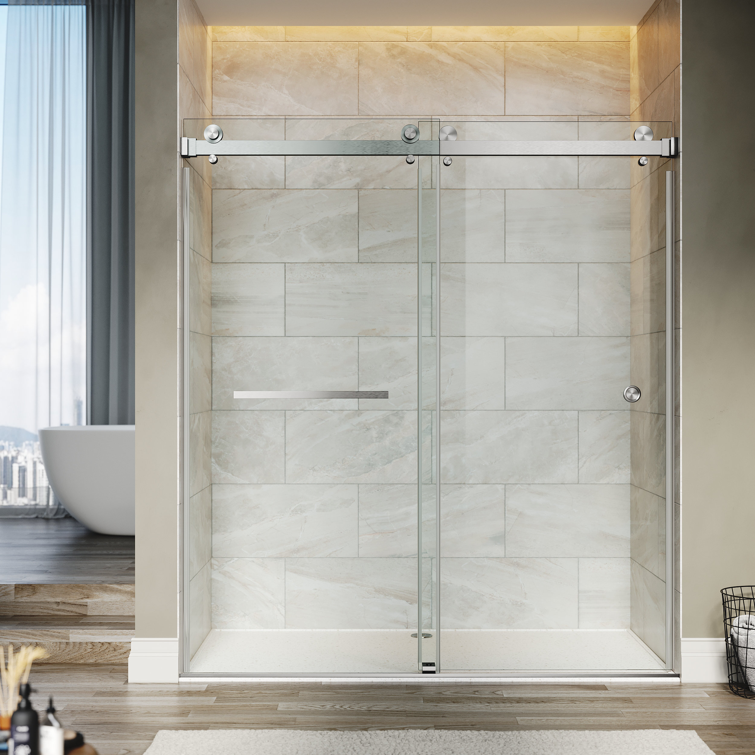 Unikoo 56'' - 60'' W x 76'' H Double Sliding Frameless Shower Door with ...