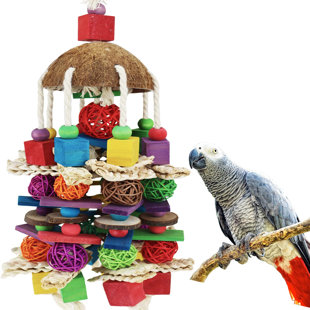 Multicolored Wooden Blocks & Natural Loofah Heavy Duty Bite Bird Toys for African Grey Macaws and Similar Large Medium-Sized  Parrots RYPET Large Parrot Chewing Toy