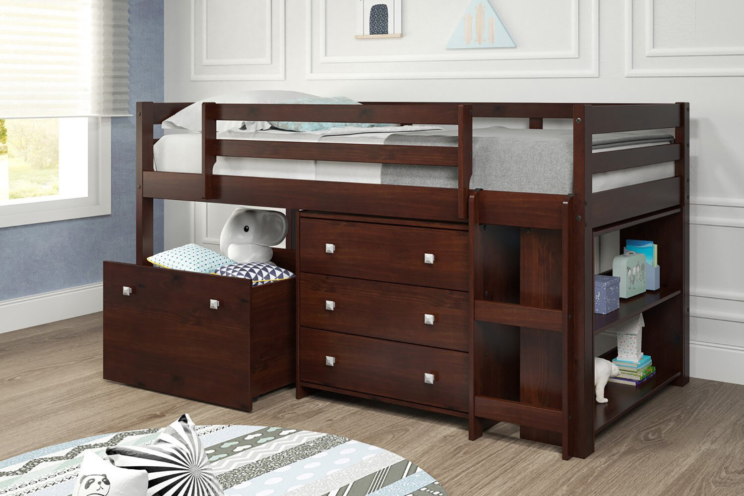 twin loft bed with dresser and bookcase