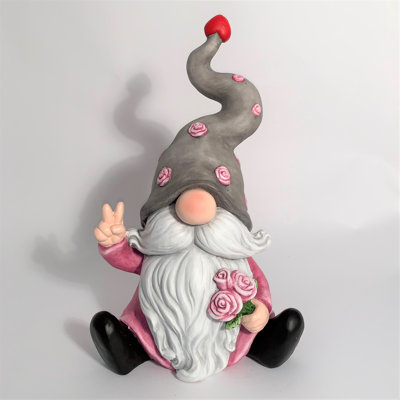 Magnesium Garden Gnome Holding Flowers with Grey Hat "The Valentinos"