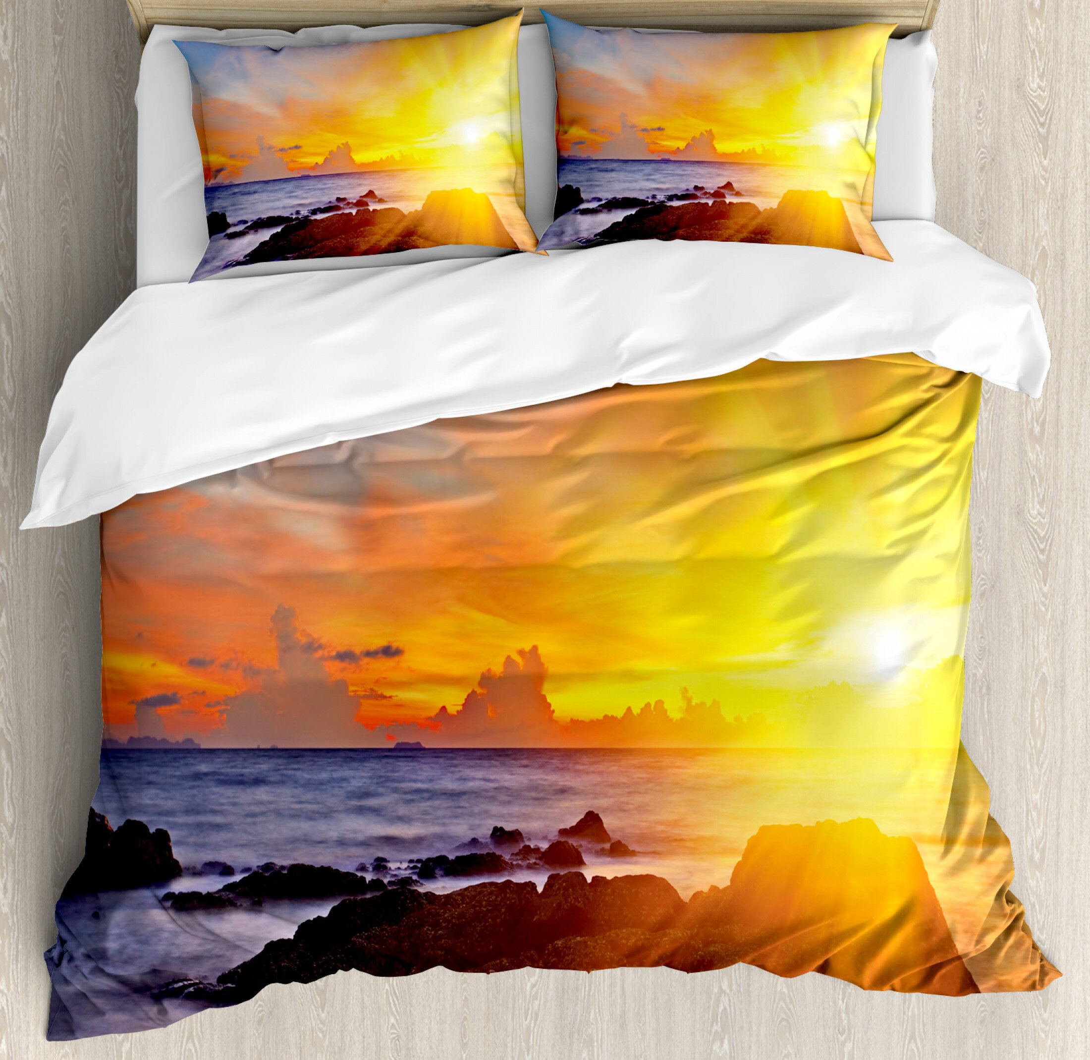 Romantic Duvet Cover Set with Pillow Shams Colorful Beach Sunset Print