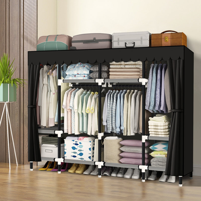 Portable Closet 79 Inches Portable Wardrobe Closet For Hanging Clothes With 4 Handing Rods 25Mm Iron Tube And Grey Cover, Clothes Storage Organizer Extra Sturdy, Strong And Durable Color: Black