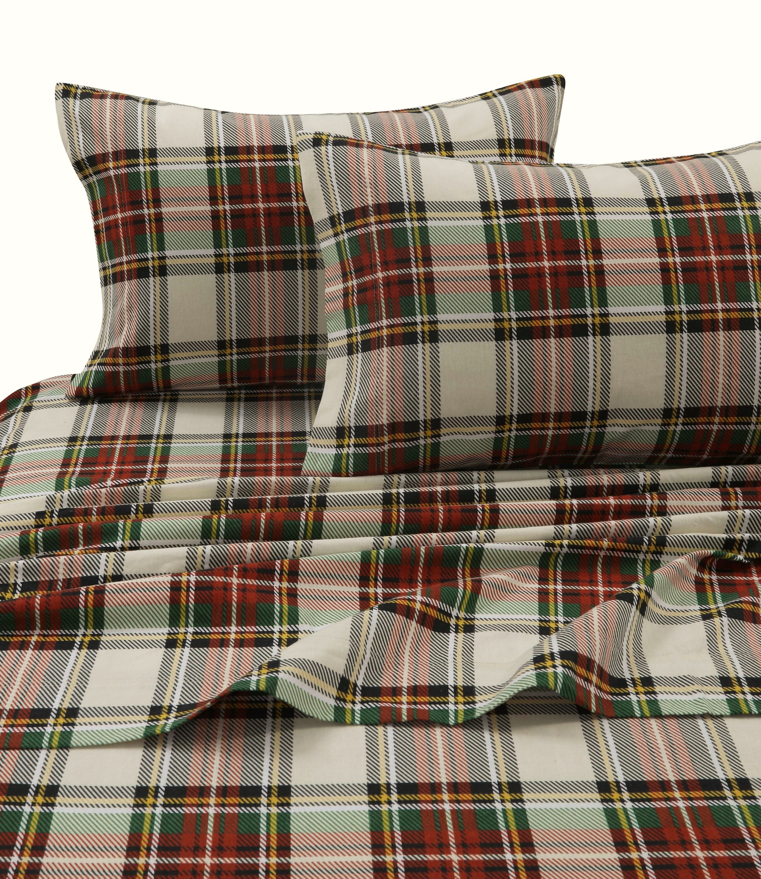 Tartan 100% Cotton Brushed Thermal Flannelette Sheet Set Fitted Flat Pillowcase