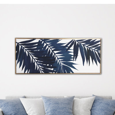 "Blue Palms" Print on Gold Floating Framed Canvas Wall Art 19”x45” 