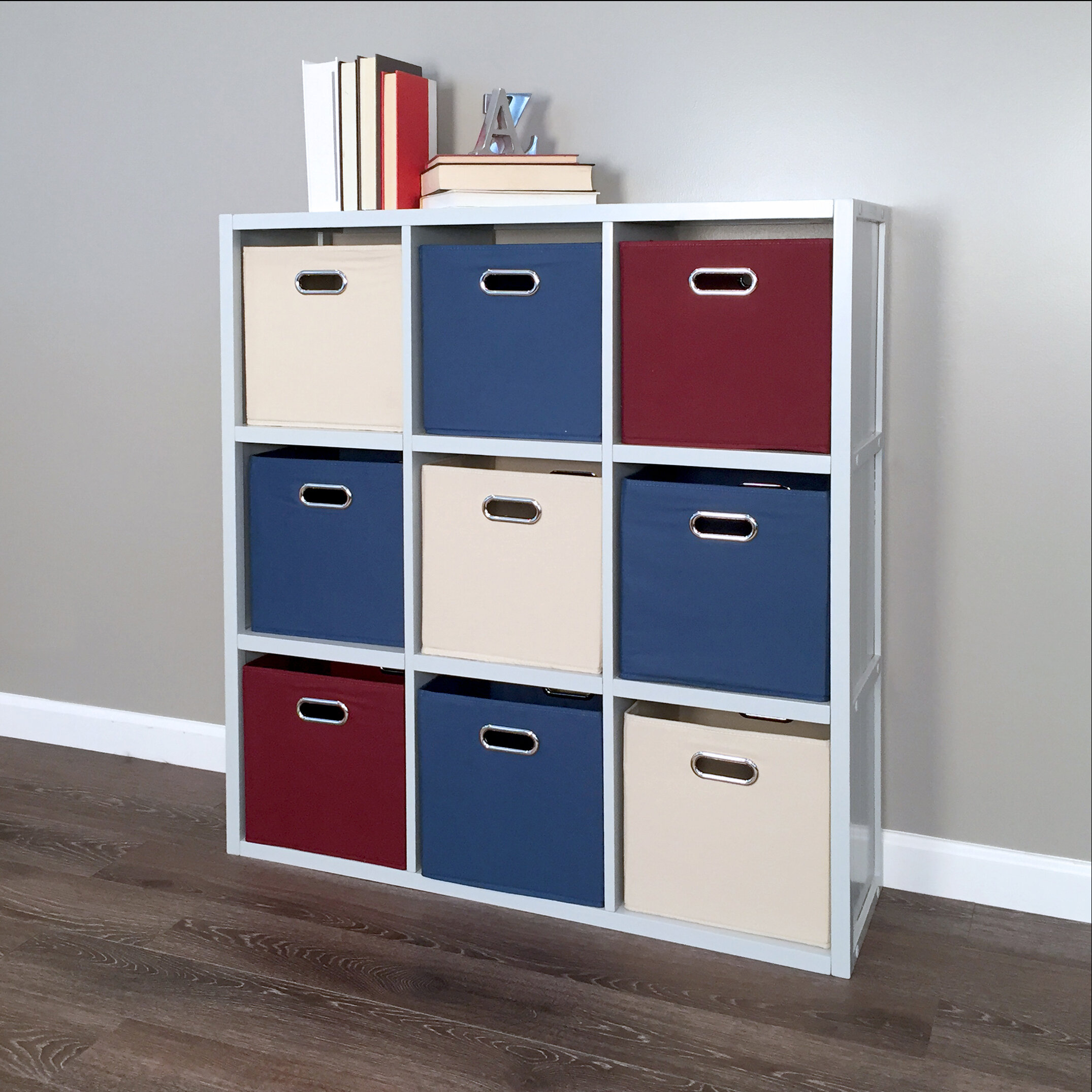 Wooden 9 Cubed Bookcase Storage Unit Shelf 9 Drawers Fabric Baskets Organisers 
