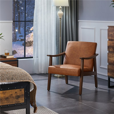 Asmat 24.5" W Mid-Century Modern Faux Leather Armchair with Solid Wood Legs