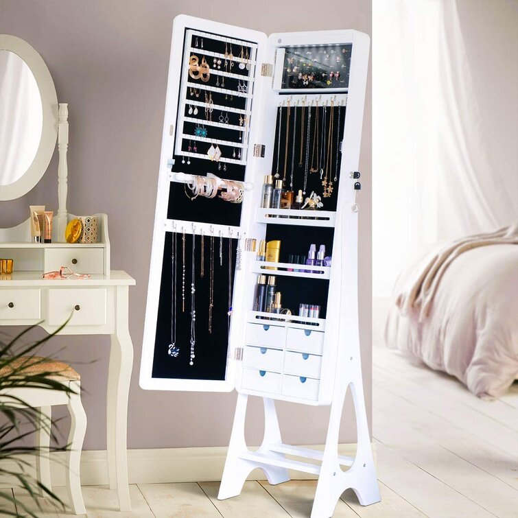 Lockable Jewelry Storage Organizer Both With Drawers Rustic Full-length mirror 8 LED Lights Jewelry Armoire Wall-Mount/Door-Hanging Armoire Jewelry Cabinet 