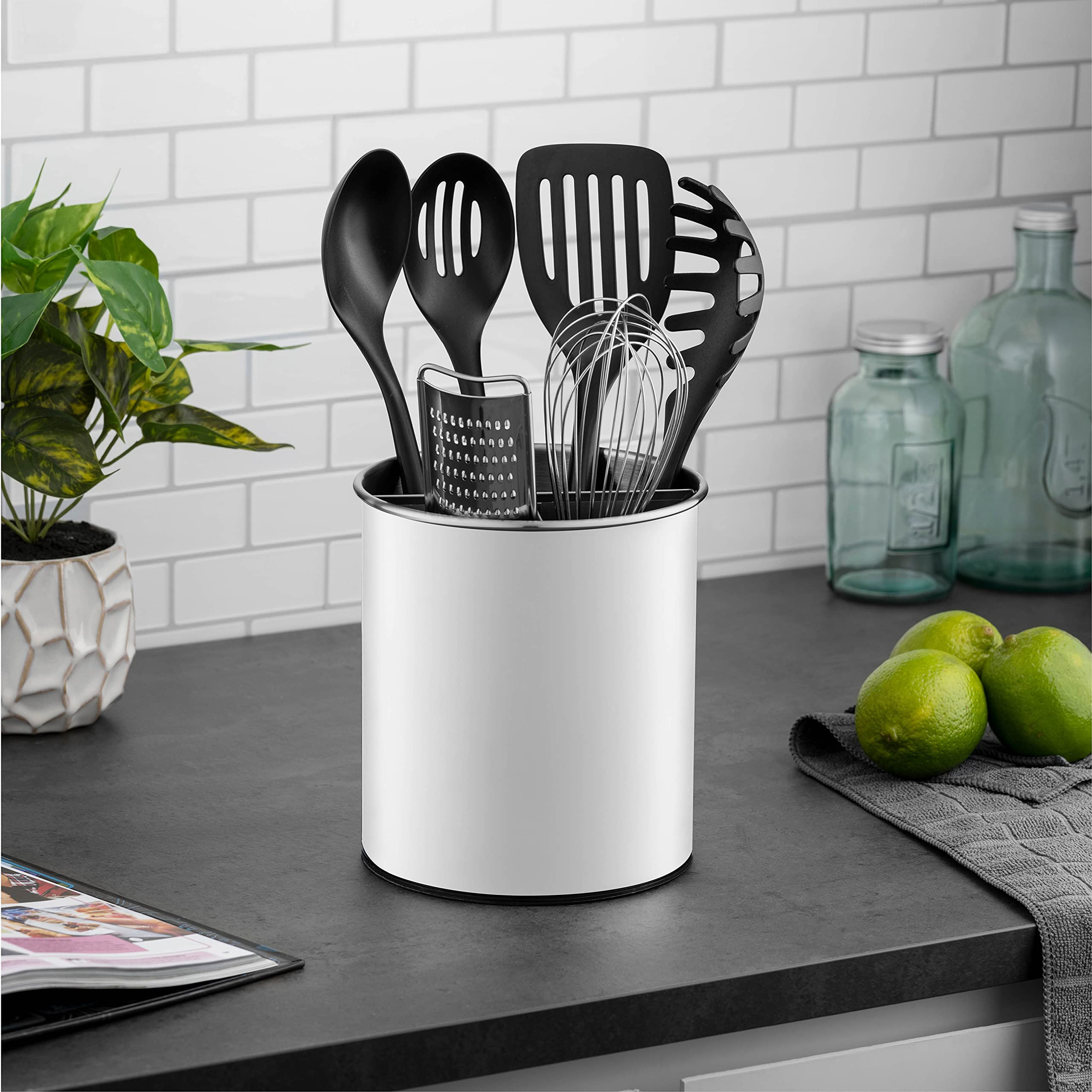 Extra Large Stainless Steel Kitchen Utensil Holder 360 Rotating Utensil Caddy Weighted Base For Stability Utensil Crock With Removable Divider For Easy Cleaning Countertop Utensil Organizer 