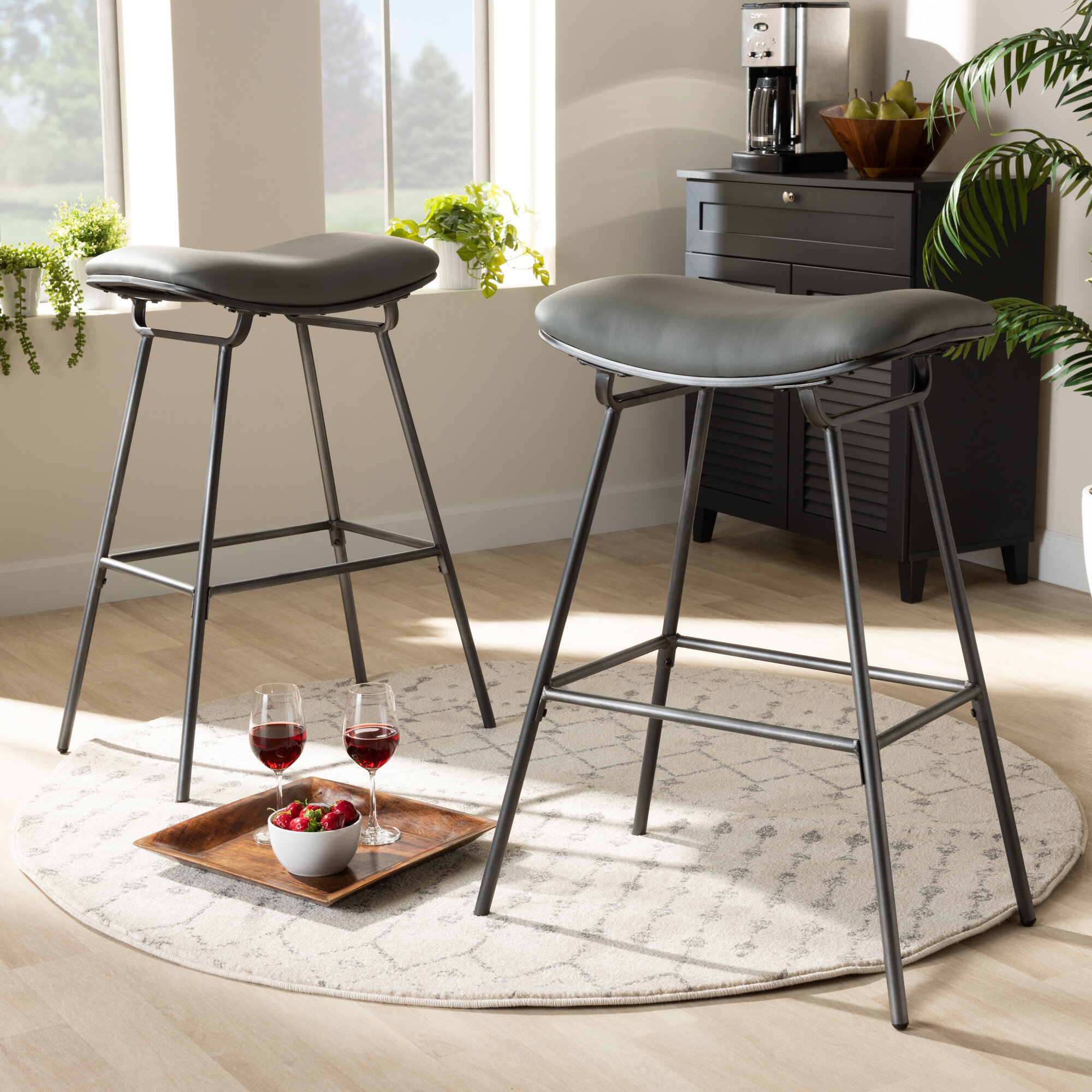 Williston Forge Laci Modern And Contemporary Grey Fabric Upholstered Dark Grey Metal 2 Piece Bar Stool Set Set Wayfair