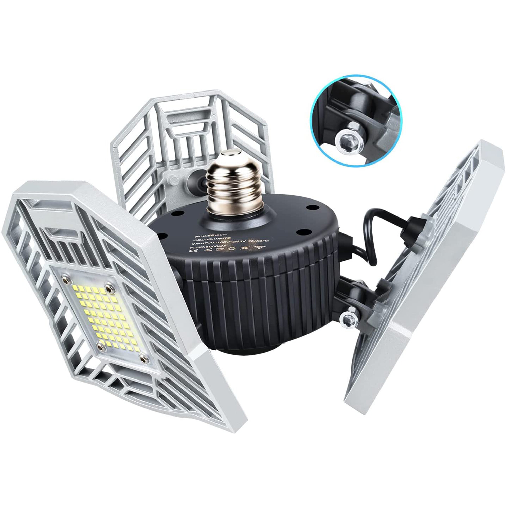 3X 60W Deformable Tri-Fold Lamp LED Adjustable Three Light Garage High Bay Light 