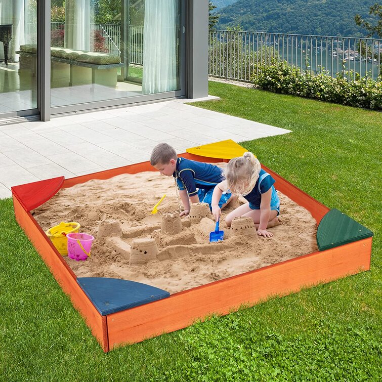Sandbox With Lid Cover Seats Kids Toy Toddler Outdoor Plastic Pit Backyard Play 