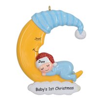 Blue, White Skin MAXORA Baby's 1st Christmas Ornament Personalization Baby Boy On Moon Newborn Grandson's First Christmas Godchild