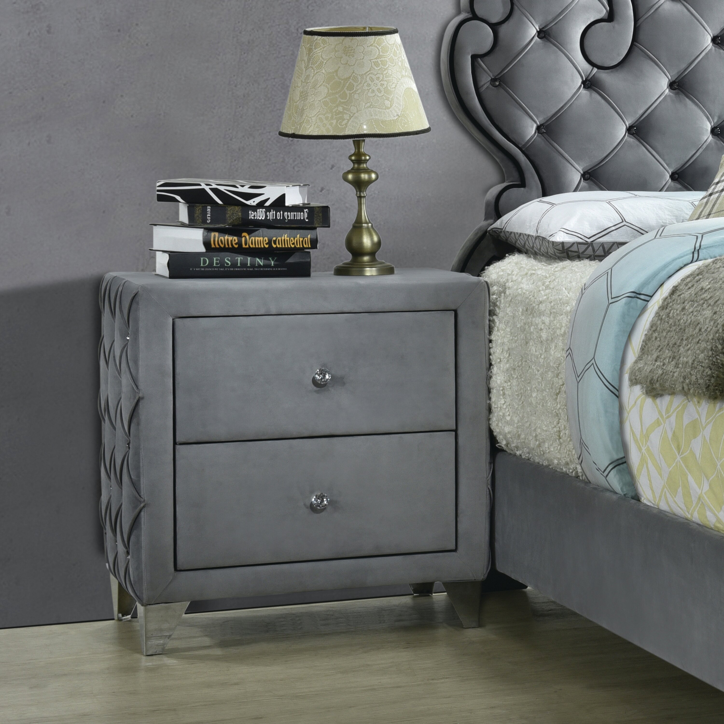 House Of Hampton Hildebrand 2 Drawer Button Tufted Nightstand Grey Wayfair