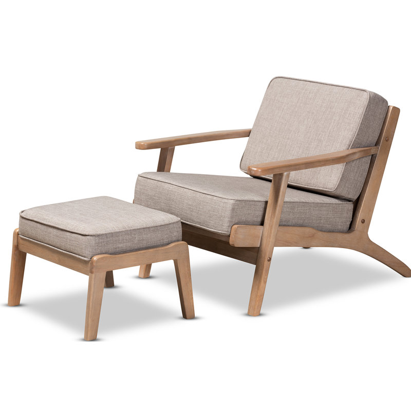 Mercury Row Adal Mid Century Modern Light Grey Fabric Upholstered Antique Oak Finished 2 Piece Wood Armchair And Ottoman Set Wayfair