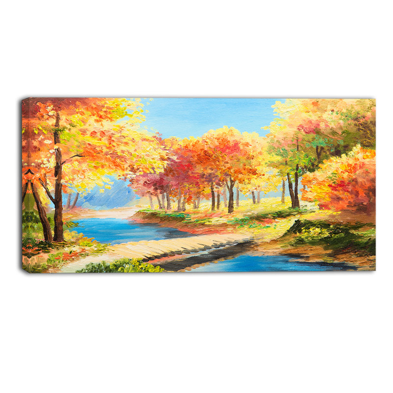 Designart Wooden Bridge In Colorful Forest Landscape Oil