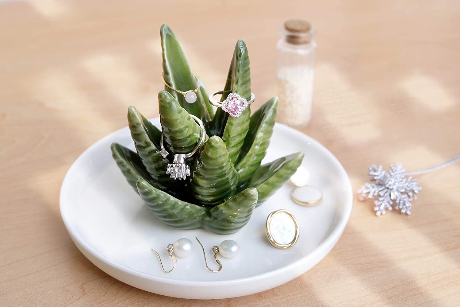 Cute Aloe Plant Ceramic Ring Tray Holder Dish Trinket Jewelry Keys Entryway Decorative Wedding Engagement Necklace Earrings Gift for Her