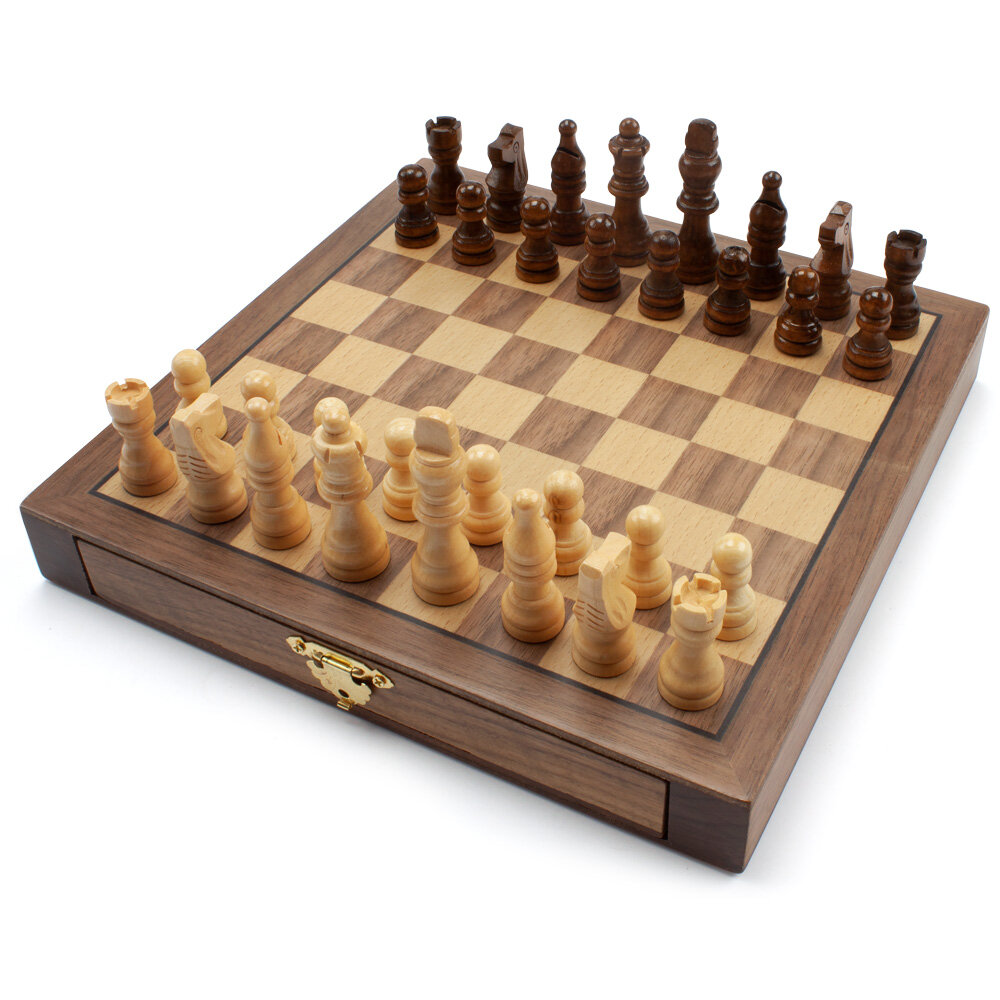 15-Inch Wooden Folding Magnetic Chess Board Travel Game Set w/ Chessman 