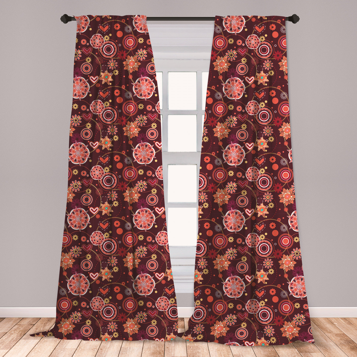 East Urban Home Ambesonne Floral 2 Panel Curtain Set Vintage Rich Foliage Pattern Ornamental Spring Flowers And Circles Lightweight Window Treatment Living Room Bedroom Decor 56 X 63 Orange Maroon And Yellow Wayfair