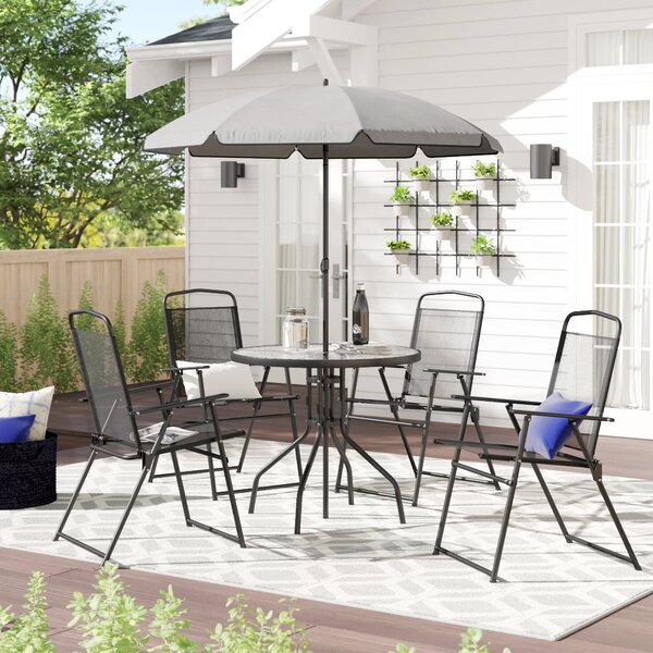 Outdoor Dining Furniture Set for Patio Table + 4 Chairs + Umbrella Back Yard Deck Bistro Grey 
