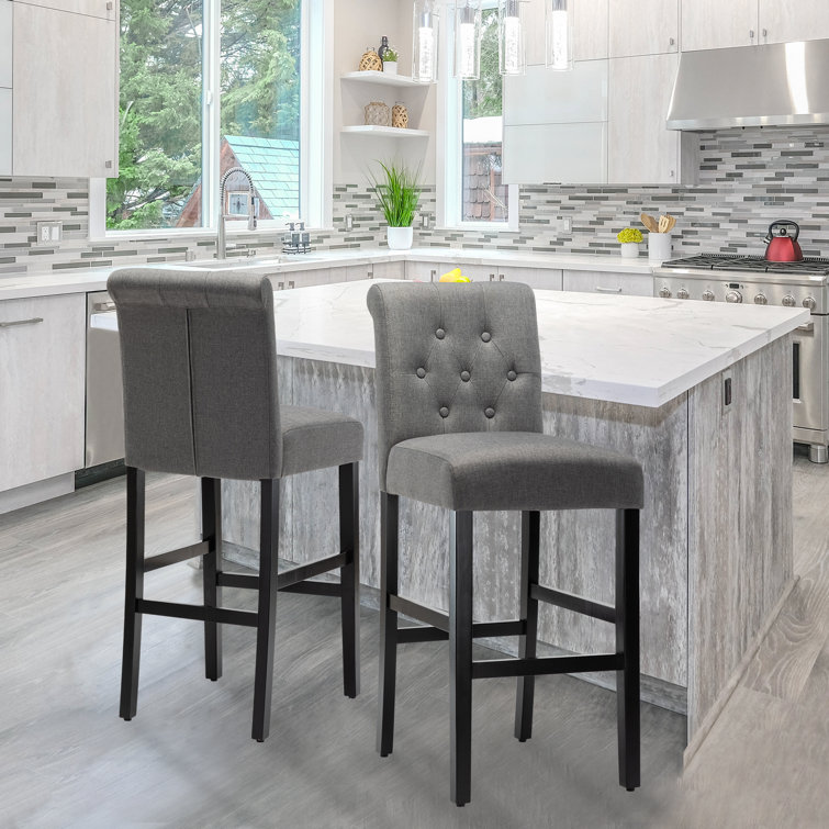 Full Back Bar Height Button Tufting Fabric Upholstered Bar Stools