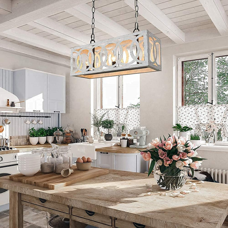 Wood French Country Dining Room Chandelier, Rectangular Linear Farmhouse Pendant Light, Modern Distressed White Metal Kitchen Island Light Fixtures ...