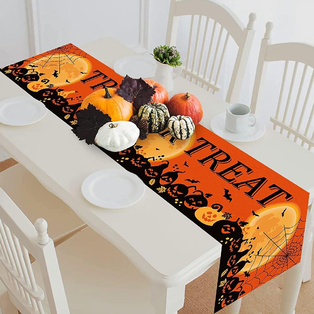 1 Set Halloween Table Skirt Tablecloth Decoration Table Skirt with Pumpkin Bat Stars Banners Halloween Party Decorations Orange Black