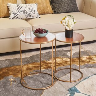 Nesting End Tables Round Stackable Coffee Table With Gold Metal Frame, Set Of 2 by Everly Quinn