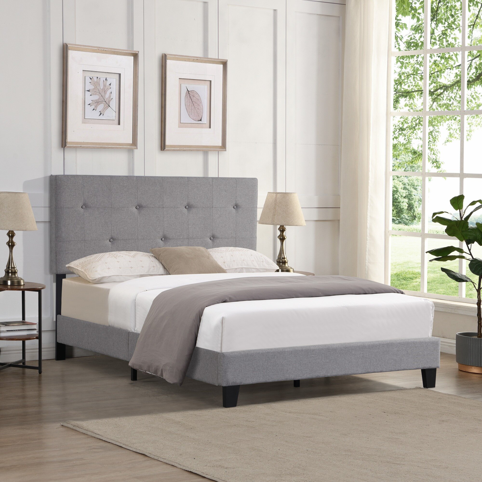 Details about   Full/Queen Size Platform Bed Frame With Headboard Upholstered Tufted Wooden Slat 