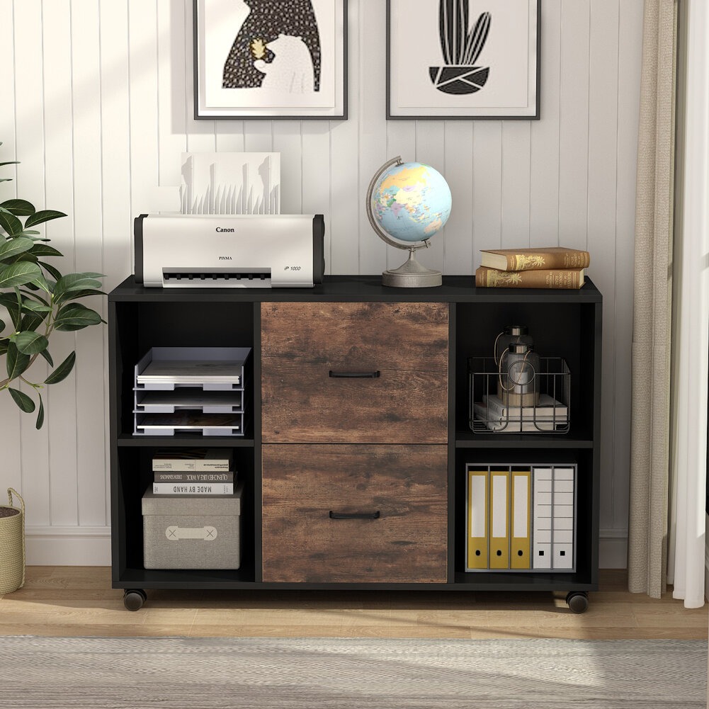 File Cabinet With 2 Drawer Large Printer Stand With Open Shelves For Home Office Lateral Mobile Filing Cabinet Letter Size Black Rustic Office Products File Cabinets Brilliantpala Org