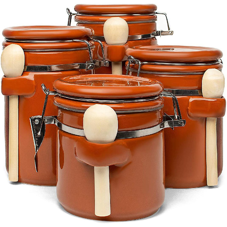 Ceramic Kitchen Canisters Set Of 4 With Wooden Spoon Set â Airtight Containers, Metal Latches For Utmost Freshness â Sugar, Coffee, Flour, Tea & More