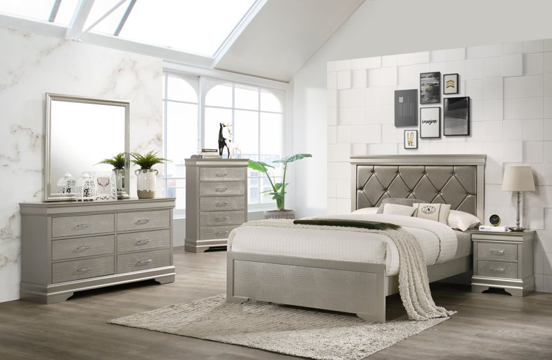 **INCOMPLETE **  side rails & head + footboard only*Brightdoon Silver Panel Bedroom Set Special 5 Bed Dresser Mirror Nightstand Chest Bed Size: Queen