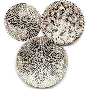 Orange & Natural Decorative Wall Baskets Shallow Bamboo Tray Woven Art Decor Set 3 Wicker Decorative Trays for Coffee Table Large Wall Art Plates for Living Room 