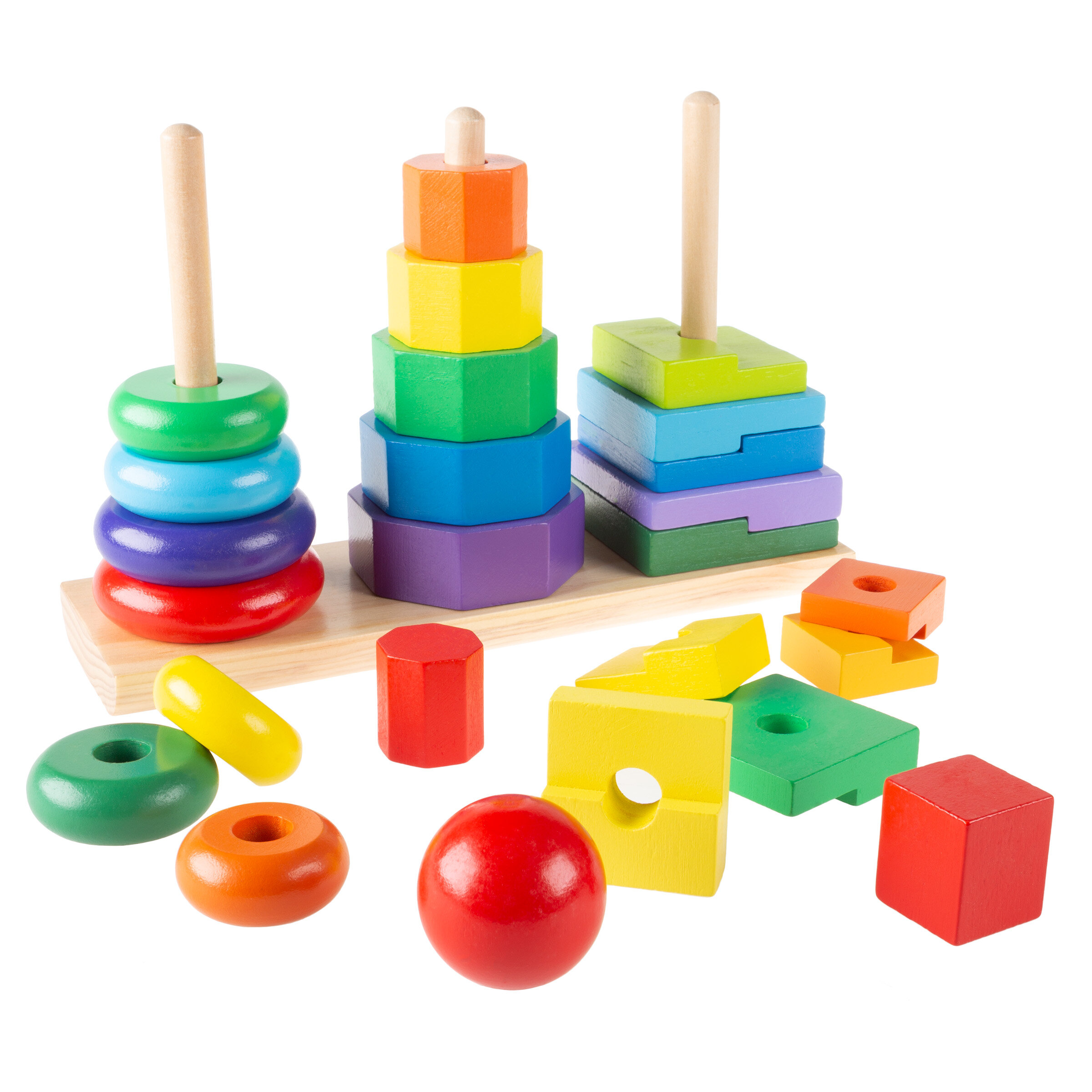 Color Recognition Toys, Rainbow Stacker Rings Wooden Stacking Blocks Toy 