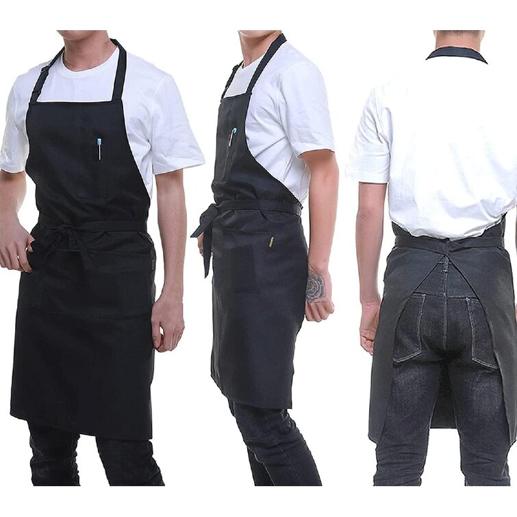 3, Black 3 Pack Black Aprons for Men 3Pockets 2Pen Pockets Adjustable Large XXL Kitchen Chef Work Back Tuxedo
