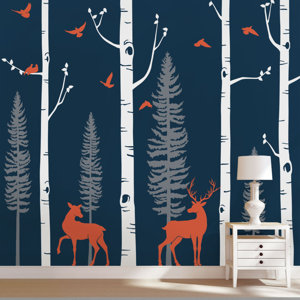Birch Tree with Birds and Deer Wall Decal