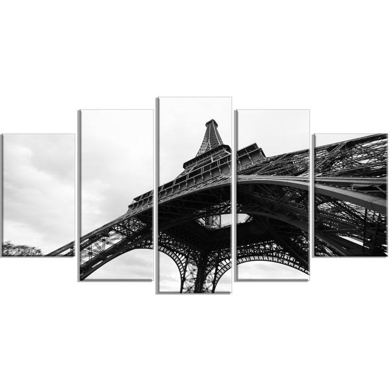 Designart Paris Eiffel Tower In Black And White Side View 5 Piece Paris Eiffel Tower In Black And White Side View 5 Piece Wall Art On