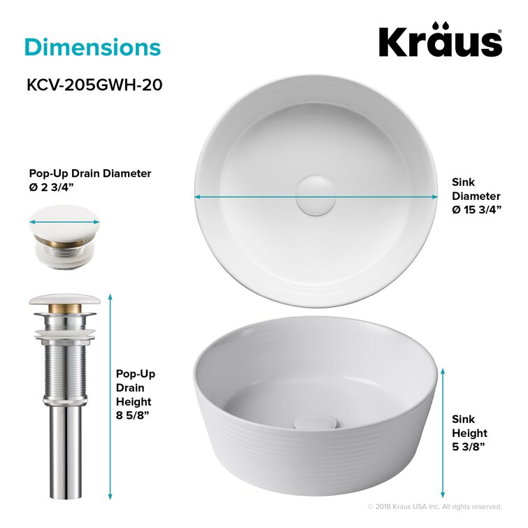 Kraus KCV-205GWH Viva Bathroom Vessel Sink H D x 5.38 in White 15.75 in