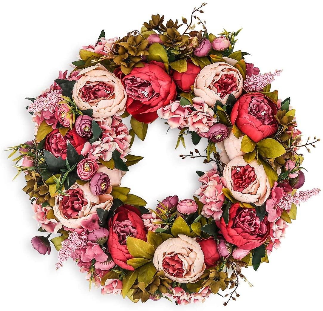 Artificial Peony Wreath Fake Flower Wall Hanging Floral Party Home Door Decor 