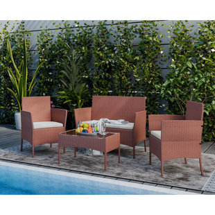 4 PCS Patio Furniture Sets Outdoor Garden Rattan Cushioned Seat Wicker Sofa Beige Cushions 