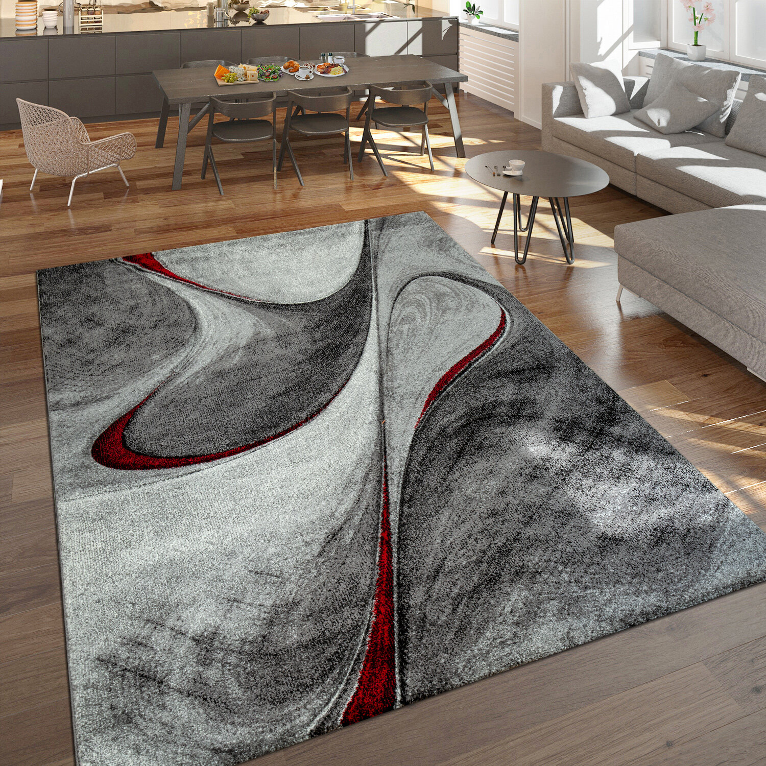 Edler Designer Teppich Geschwungene Linien Kurzflor Grau Creme Schwarz Meliert