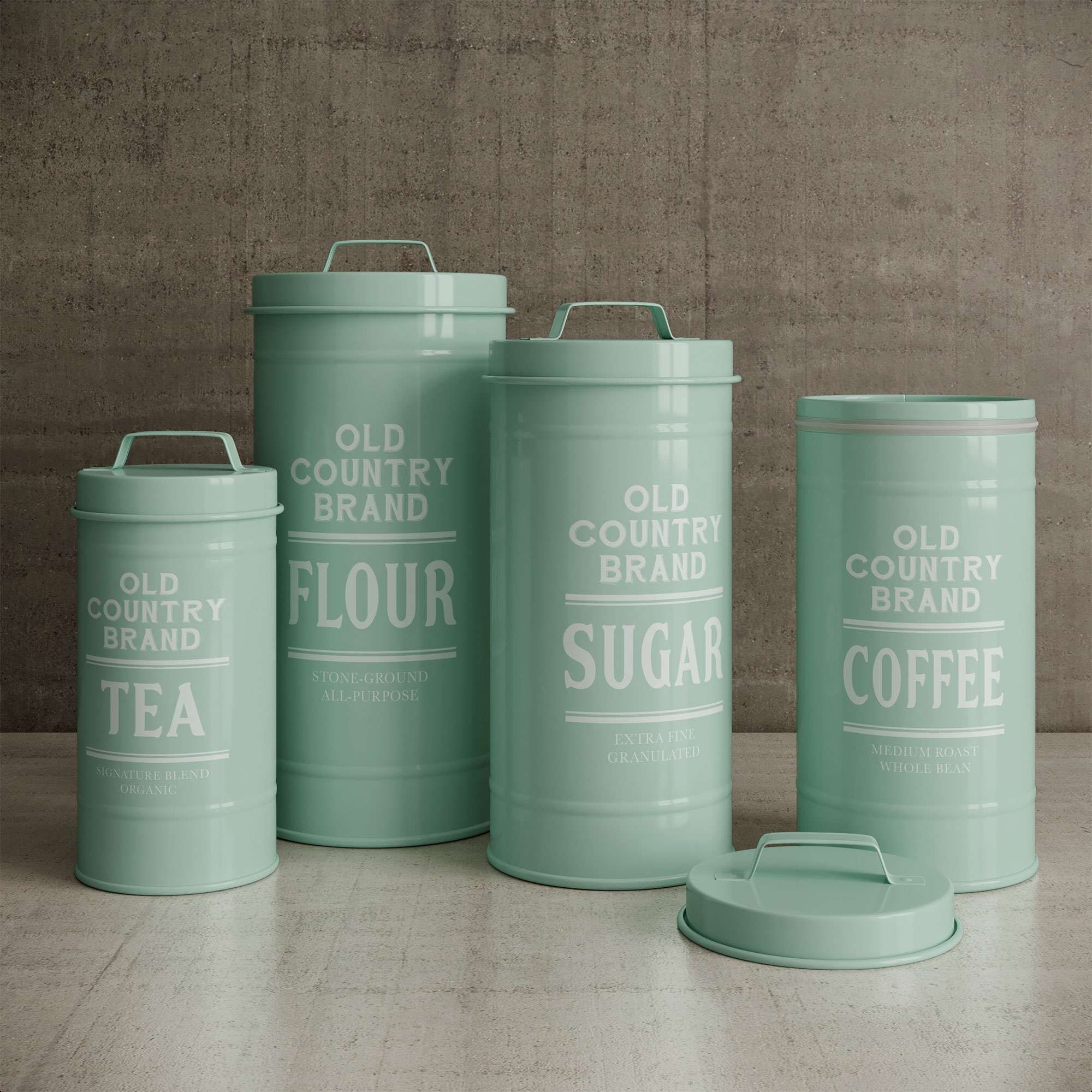 3pc Canister Set Round Metal Tin Box Lid Coffee Tea Sugar Jar Kitchen Storage 