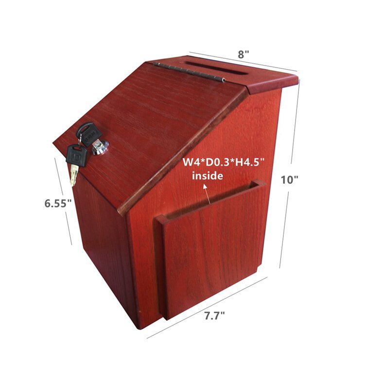 FixtureDisplays 8.0 x 10.0 x 8.5 Wooden Ballot Box for Tabletop or Wall Mahogany 19252 19252 Side Pocket Locking Hinged Door