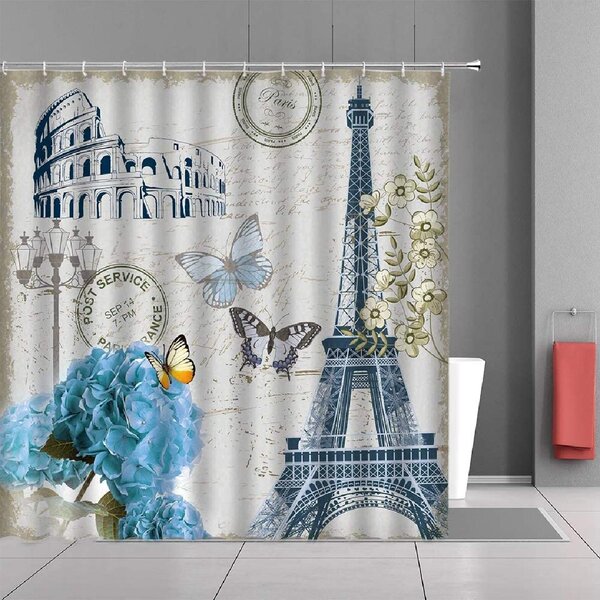 Retro Eiffel Tower Bathroom Waterproof Fabric Shower Curtain Liner Bathroom Mat 