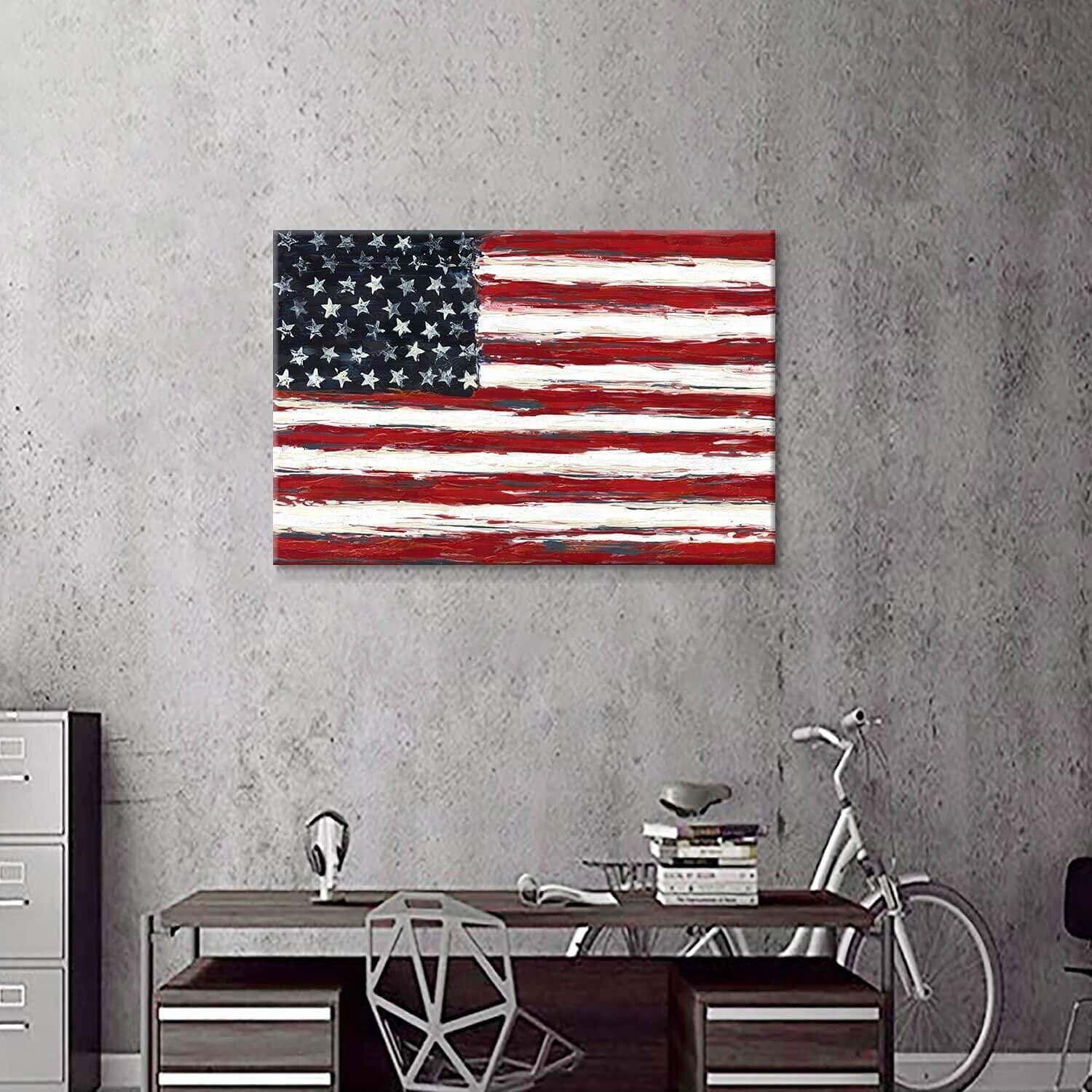 American Flag Canvas Wall Art - Patriotic Picture USA Stars Strips Painting