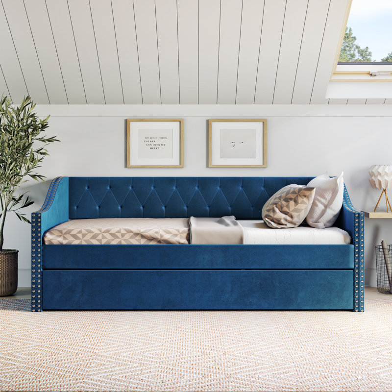 (incomplete slats only) Manchester Upholstered Daybed with Pull Out Trundle, Twin Size, Tufted Backboard,  Color: Blue Velvet