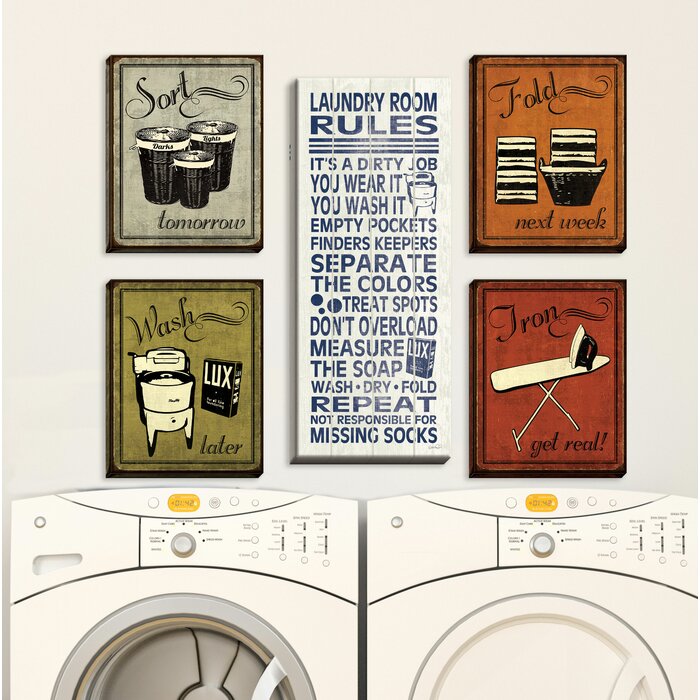 Trendy And Extremely Popular Humorous Laundry Room Rules And Laundry Sign 5 Piece Graphic Art Print Set