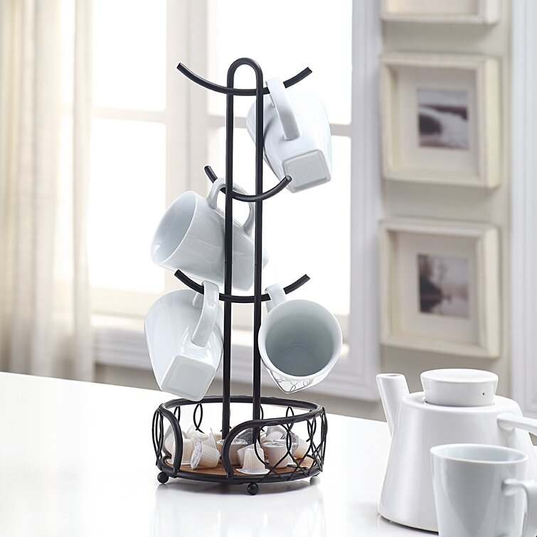 Wooden 6 Cup Mug Tree,Mug Holder Kitchen Cup Rack with Non-Slip Base Countertop Cup Holder Set Kitchen Rack Organiser Stand Cup Mug Stand Holder Freestanding Stand Rack Organiser Vertical Cup Holder 