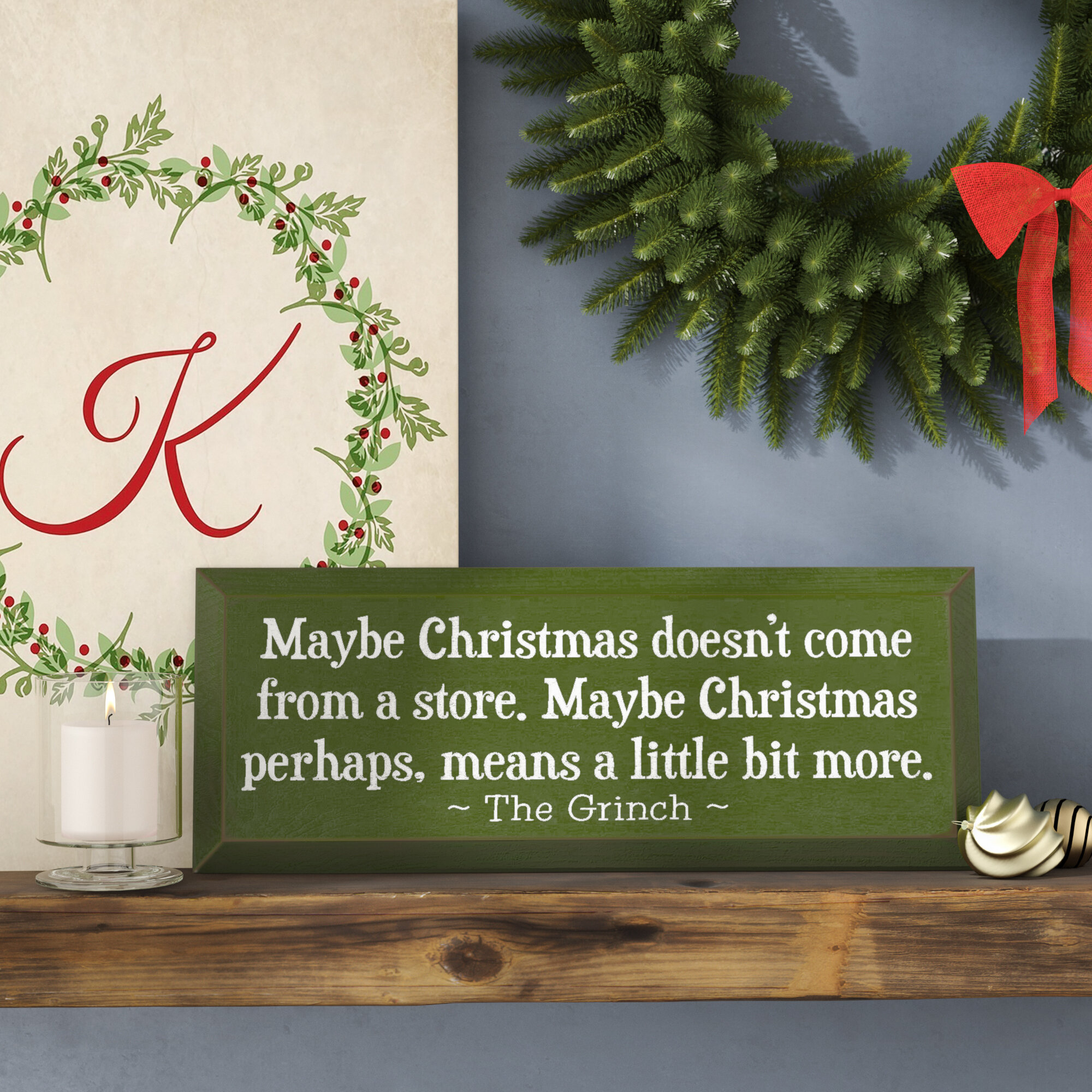 Holiday Mantle art Framed Canvas Print Merry Christmas What if Christmas perhaps means a bit more Christmas Decor Grinch Quote