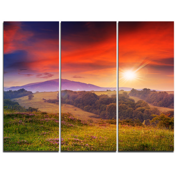 Designart Cold Morning Fog With Red Hot Sun 3 Piece Graphic Art On Wrapped Canvas Set Wayfair