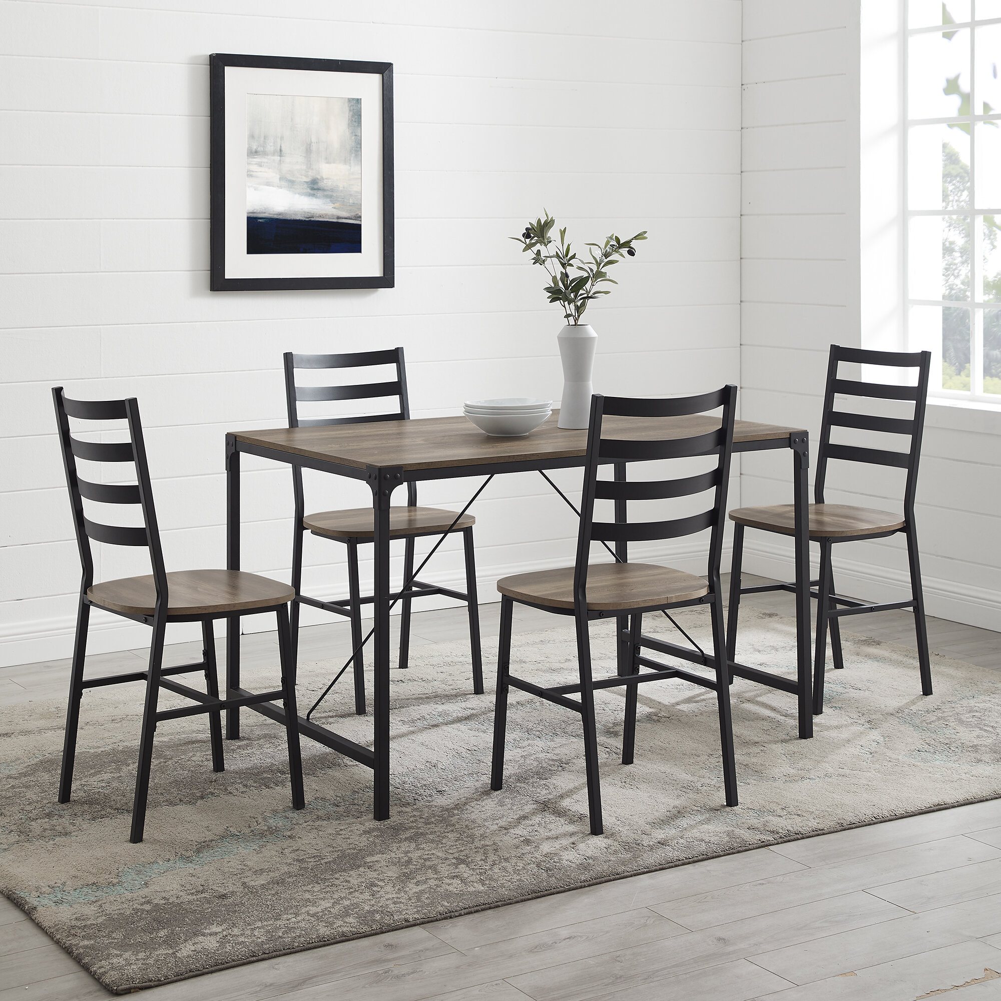 Solid Pine Wooden Dining Table and 4 Chairs Set Home Kitchen Furniture Set,White/Grey I Shape 